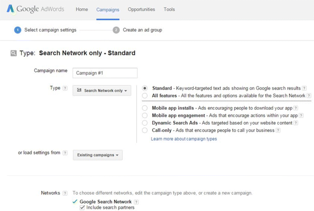 A screenshot image depicting Google AdWords campaign setup
