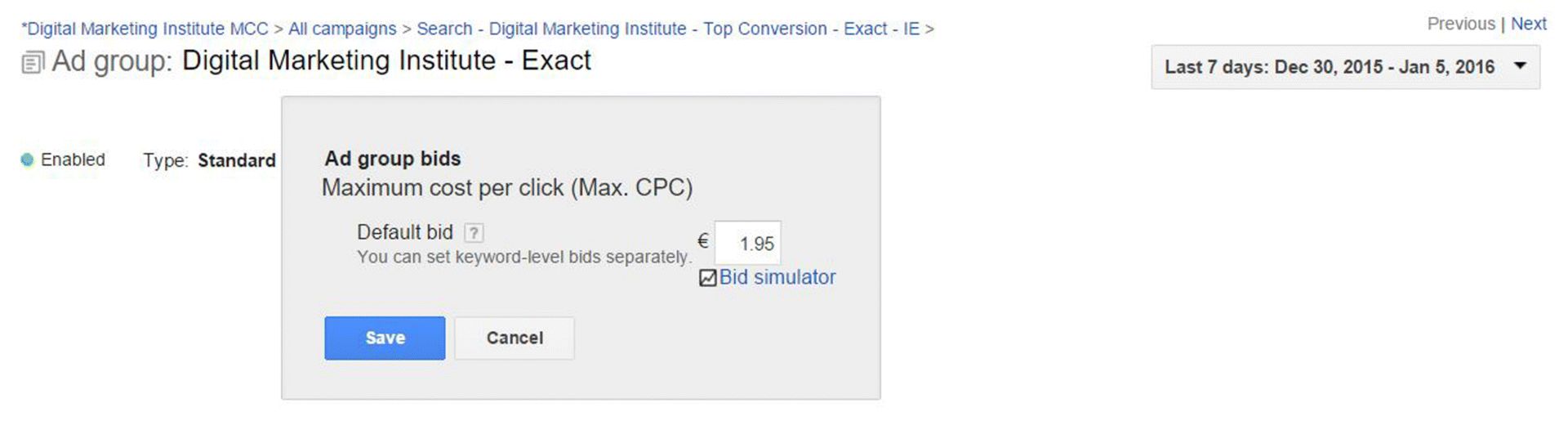 A screenshot image depicts setting bids from within an ad group