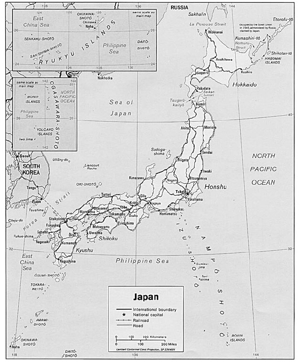 A map of Japan showing the major cities …