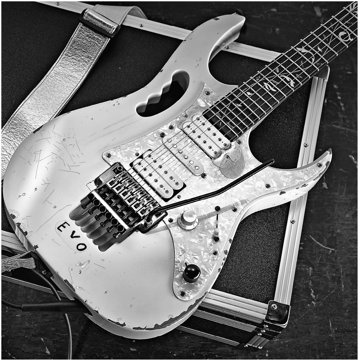 An Ibanez JEM-EVO 25th Anniversary electric guitar photographed during a studio shoot for Guitarist Magazine, August 17, 2012. (Photo by Jesse Wild/Guitarist Magazine via Getty Images)