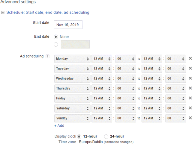 A screenshot image depicting Google AdWords ad scheduling