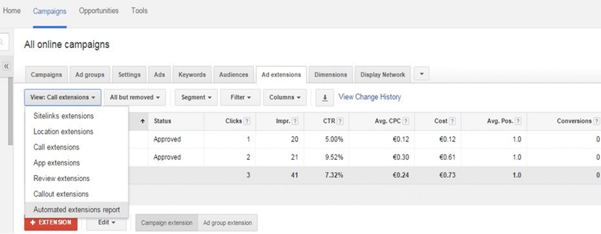 A screenshot image illustrating how to create an ad extension within Google Adwords