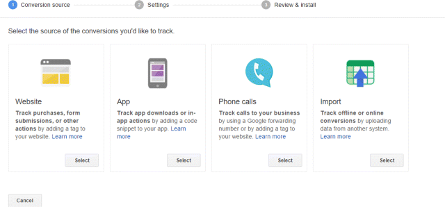 A screenshot image depicting Google AdWords conversion tracking where the source of conversions that can be tracked are website, app, phone calls, and import