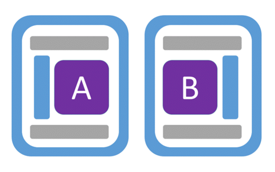 Figure depicting A/B testing where two vertical rectangles placed side by side have a square labeled A (left) and B (right) inside them. Above and below the squares are horizontal bars whereas on the left (in case of A) and right (in case of B) are vertical bars