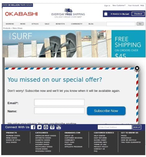 A screenshot image depicting successive Okabashi web sign-up form where a pop-up appears to fill in the contact details for signing up
