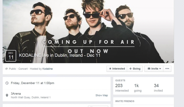 A screenshot image depicting a Facebook event page for a Kodaline concert having a huge cover image of the band attached to the event