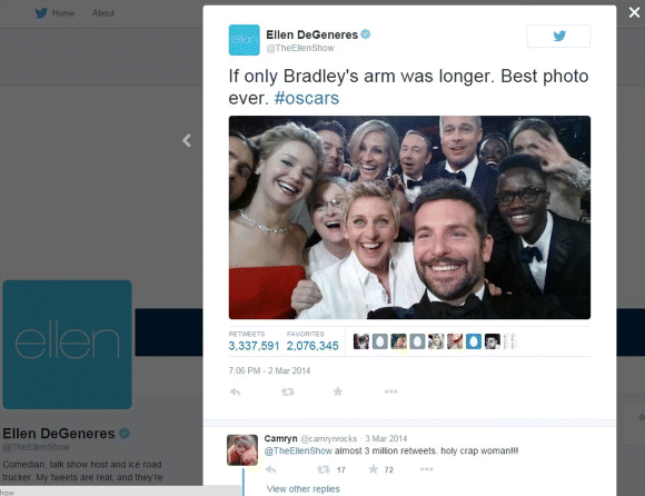 A screenshot image depicting a world famous tweet by comedian Ellen DeGeneres. The tweet depicts selfie of many people standing in a group and it reads “If only Bradley's arm was longer. Best photo ever.&rdquo