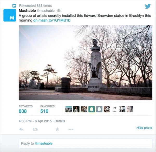 A screenshot image depicting an example of an effective tweet by the popular marketing blog Mashable. The tweet reads “ A group of artists secretly installed this Edward Snowden statue in Brooklyn this morning.&rdquo