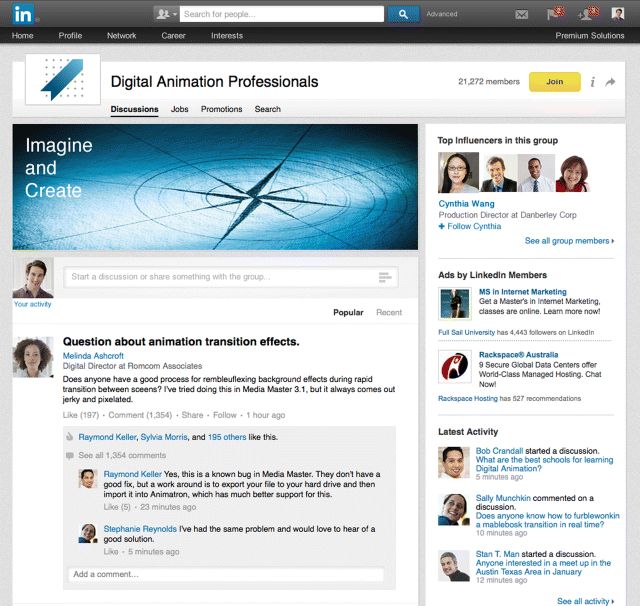 A screenshot image representing a LinkedIn group discussions tab depicting a discussion between digital animation professionals