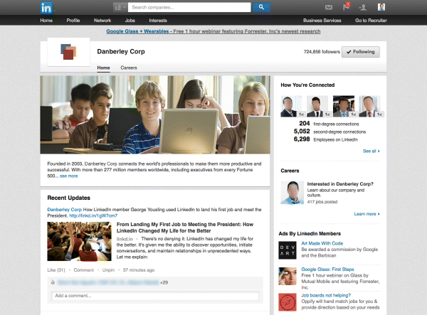 A screenshot image depicting LinkedIn company page home tab for Danberley Corp