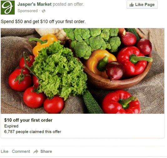 A screenshot depicting offer claims Facebook desktop ad. The ad provides something useful to the customer and it enables one to collect useful information, such as email addresses
