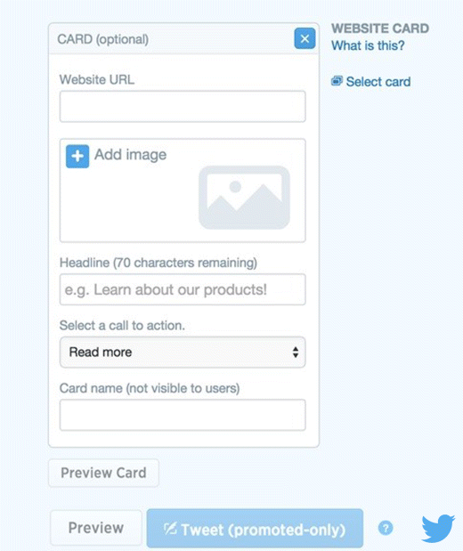A screenshot image depicting the process to creating a Twitter card. It starts from insertion of website URL, addition of an image (800x320 pixels), typing in the headline, and choosing from the variety of CTAs, such as read more