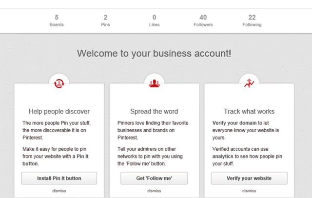 A screenshot image depicting Pinterest business account set-up that starts from the left-hand side of the page, in the “Help People Discover” box, with the “Install Pin It button.” Next, it asks to spread the word by installing the “Follow Me” button. Then it verifies website to “Track what works” to track how many clicks are getting directly from Pinterest users
