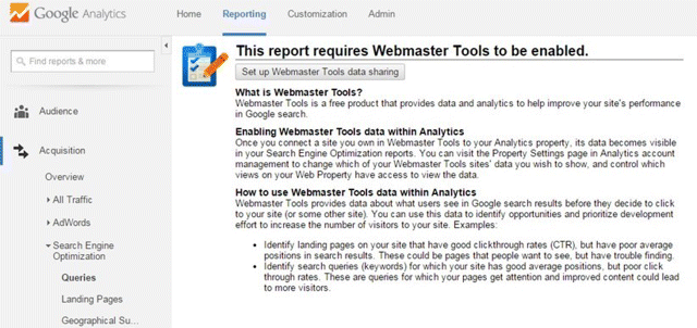 A screenshot image depicting the Search Engine Optimization section within acquisition leads to the process of linking Webmaster Tools with GA