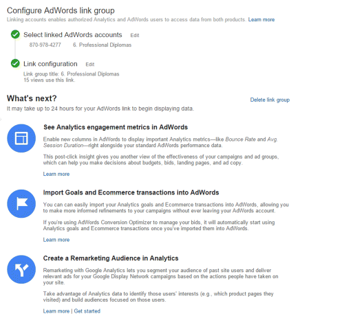 A screenshot image depicting process of linking Google AdWords and GA