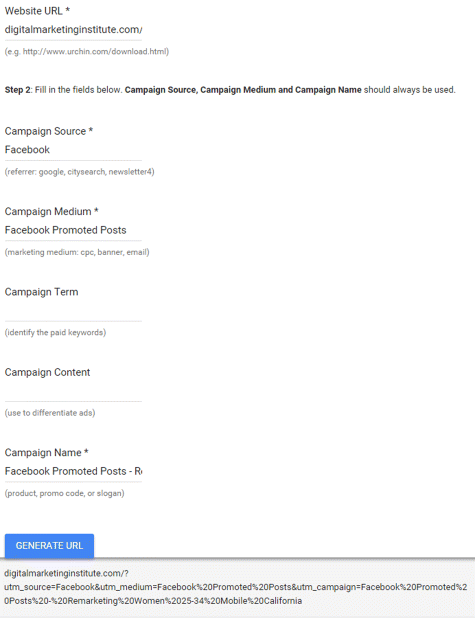 A screenshot image depicting the Google URL Builder who tags each element within a campaign, so that analytics data can be organized very specifically and later pulled into relevant reports