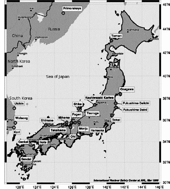 A map of Japan showing the location of its nuclear facilities …