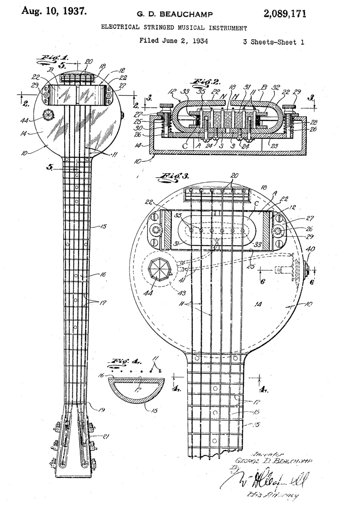 Patent drawing for the first commercially produced electric guitar, the Ro-Pat-In “Frying Pan”