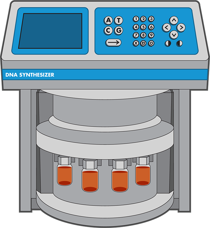 A DNA synthesizer. The four orange vials represent the reagents, one for each DNA base to be assembled into a DNA chain. The computerized interface at the top allows the engineer to input their desired sequence.