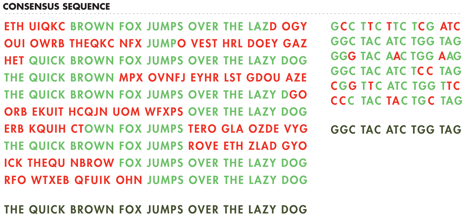Defining consensus sequences. Multiple “sequences” for a sentence (left) and a gene (right) are aligned to generate a consensus sequence, shown in the bottom line in grey. Letters colored green represent the most common letter at each position, which define the consensus sequence. Letters in red are not the most common letters at that position and so are not included in the consensus sequence.