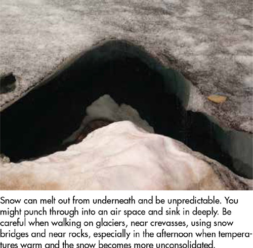 Snow can melt out from underneath and be unpredictable. You might punch through into an air space and sink in deeply. Be careful when walking on glaciers, near crevasses, using snow bridges and near rocks, especially in the afternoon when temperatures warm and the snow becomes more unconsolidated.